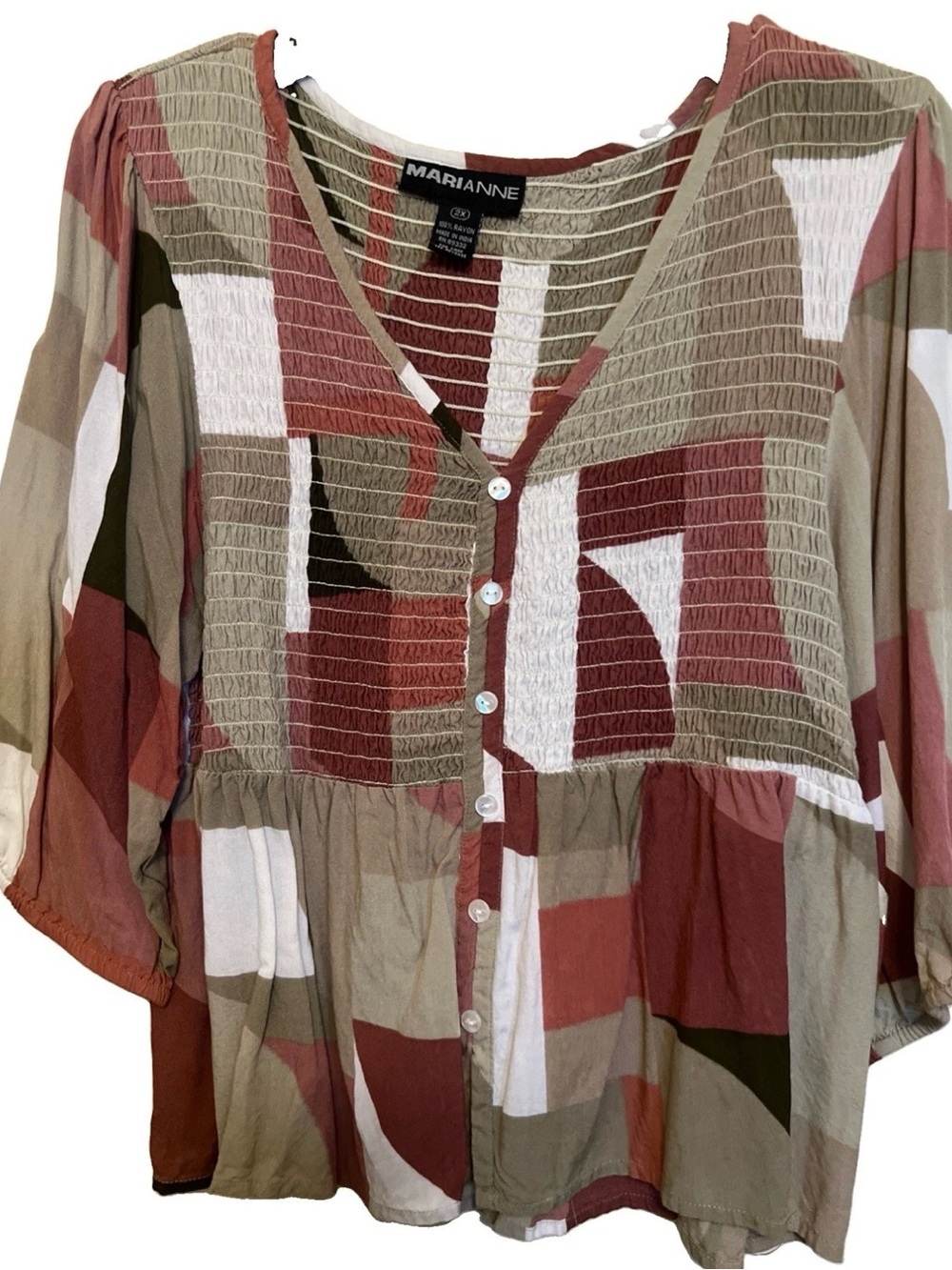 Arianne Rust Olive Cream Geometric Smocked Button-Front Blouse